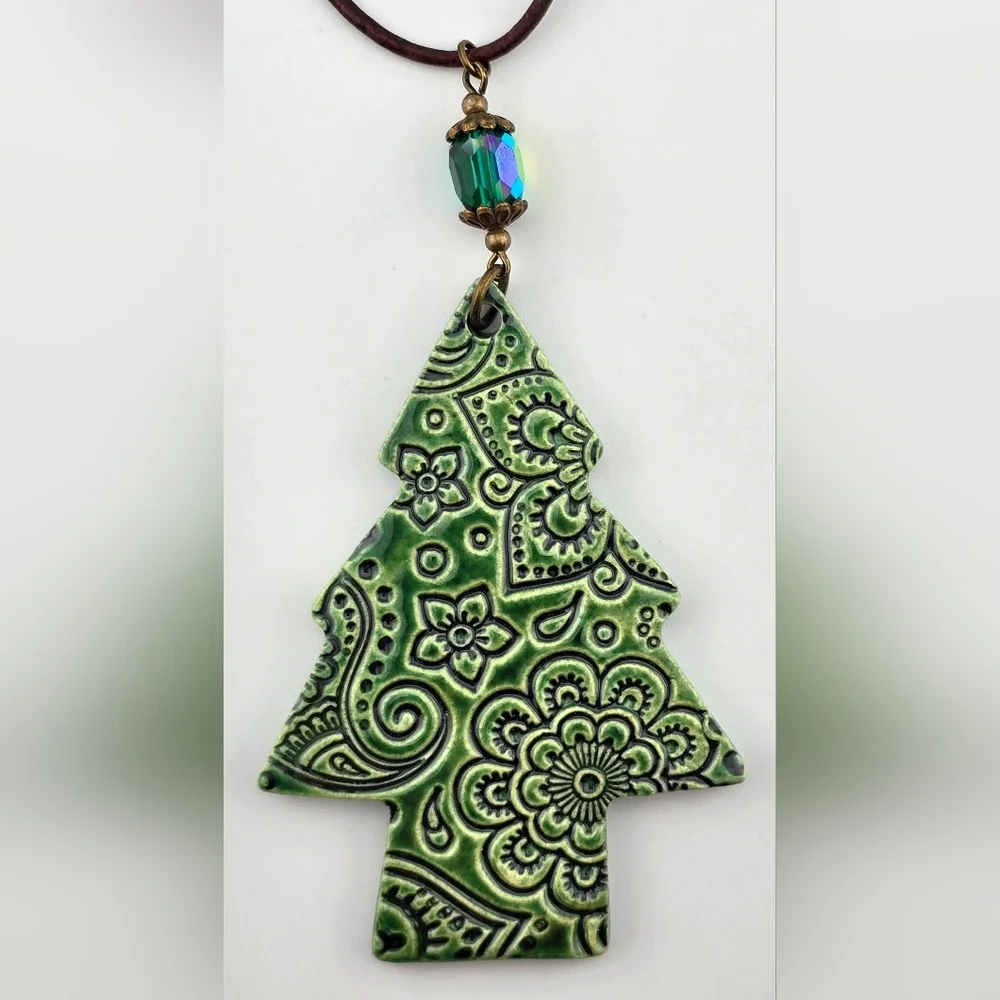 Handmade Kiln Fired Ceramic Christmas Tree Beaded Ornament with Leather Rope